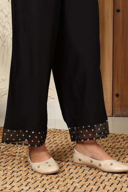 W for Woman Black Solid Rayon Parallel Pants With Embellished Organza Hemline