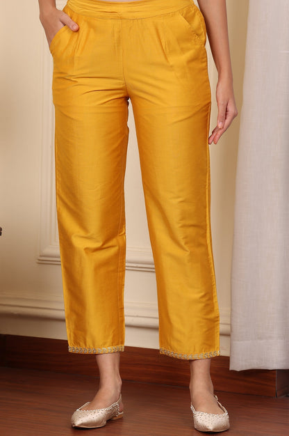 W for Woman Yellow Straight Pants With Embroidered Hemline