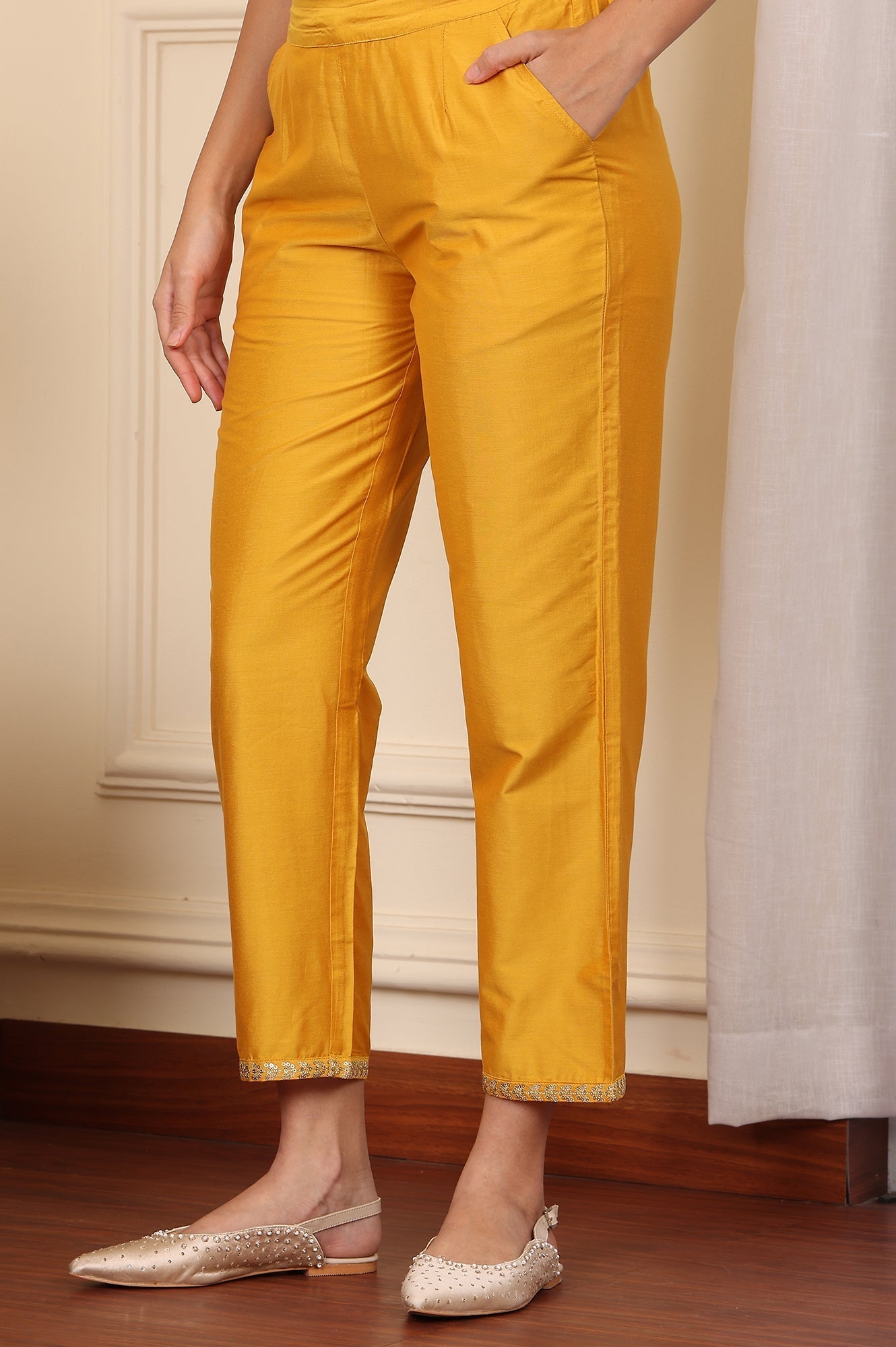 W for Woman Yellow Straight Pants With Embroidered Hemline