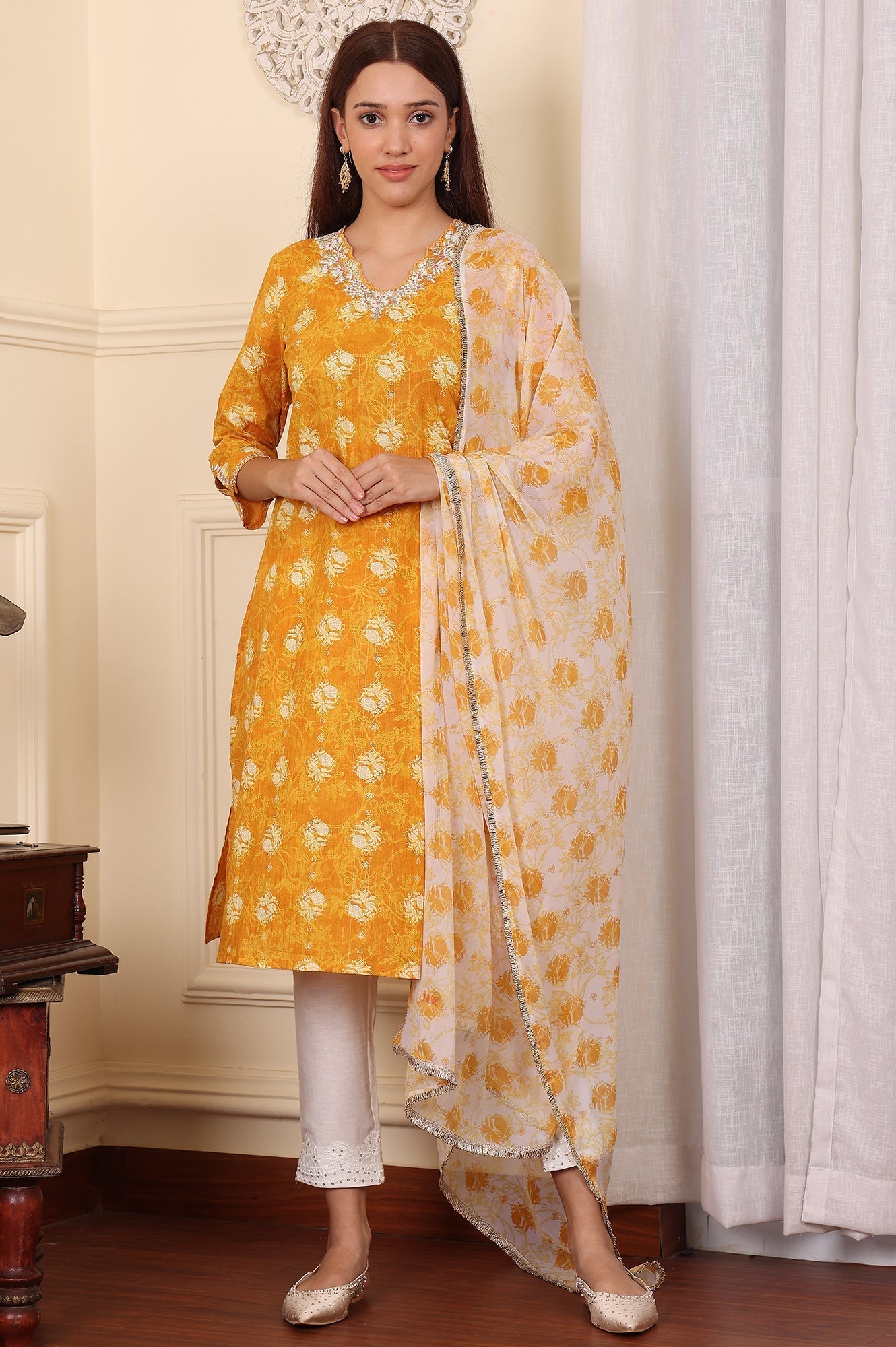 W for Woman White And Yellow Floral Printed Chiffon Dupatta With Gota Patti Border