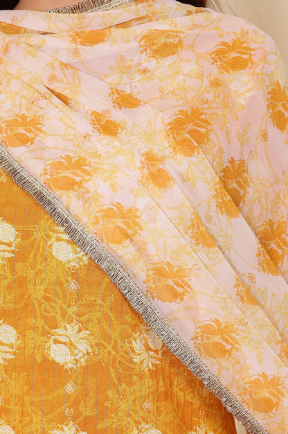 W for Woman White And Yellow Floral Printed Chiffon Dupatta With Gota Patti Border
