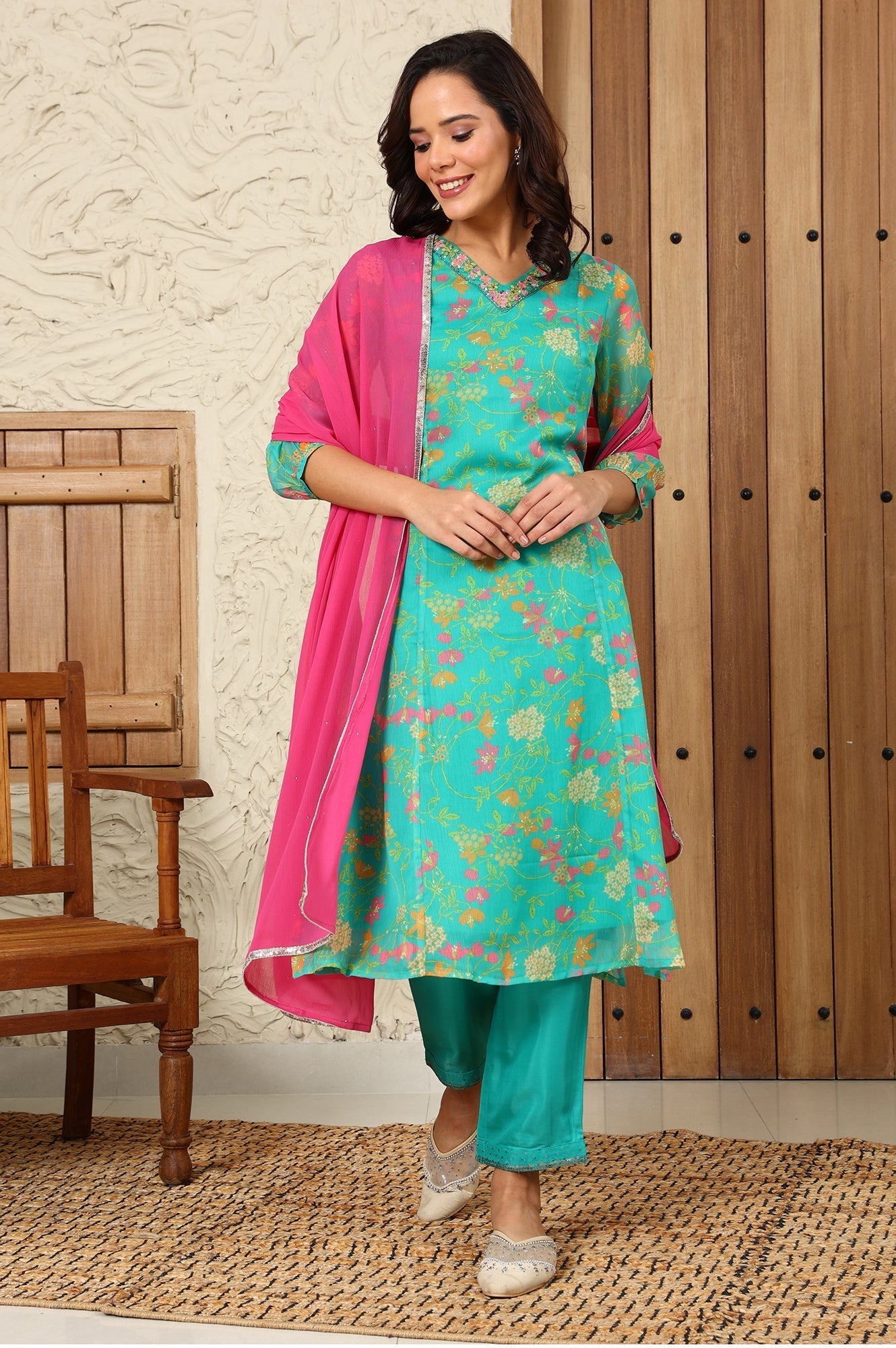 W for Woman Pink Chiffon Golden Mukaish Dupatta With Gota Patti Border
