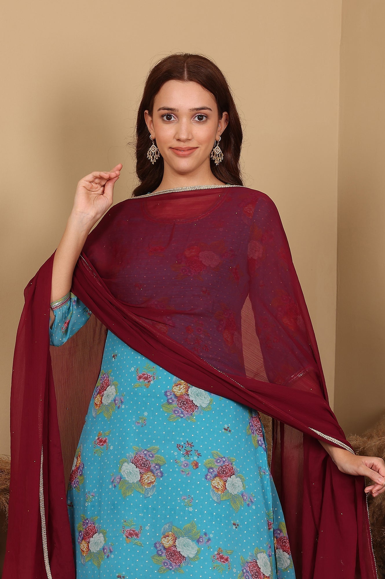 W for Woman Wine Gold Mukaish Chiffon Dupatta With Gota Patti
