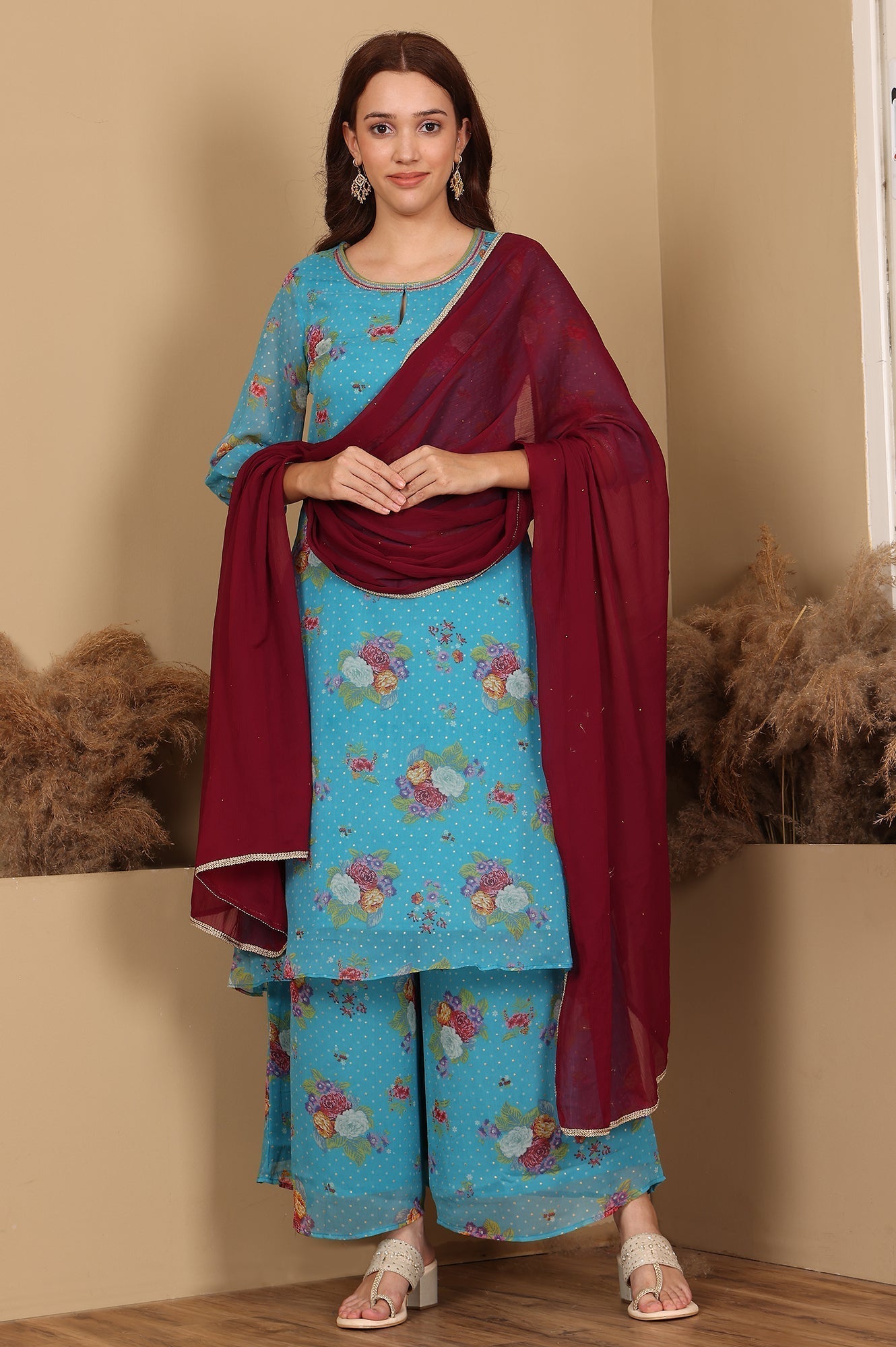 W for Woman Wine Gold Mukaish Chiffon Dupatta With Gota Patti