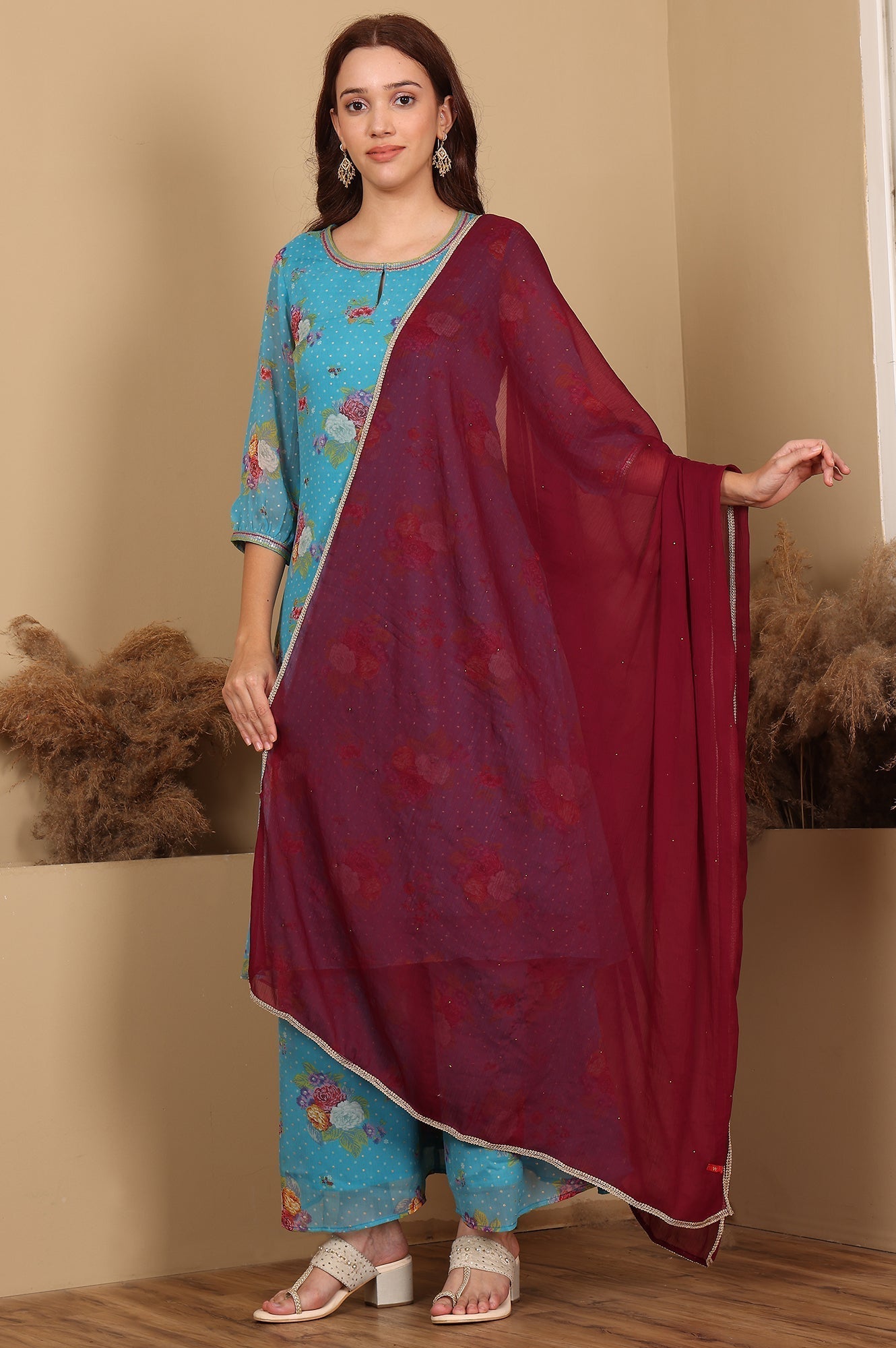 W for Woman Wine Gold Mukaish Chiffon Dupatta With Gota Patti