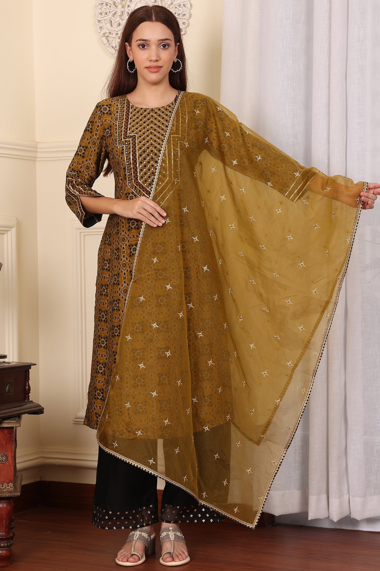 W for Woman Mustard Yellow Dori Embroidered Organza Dupatta