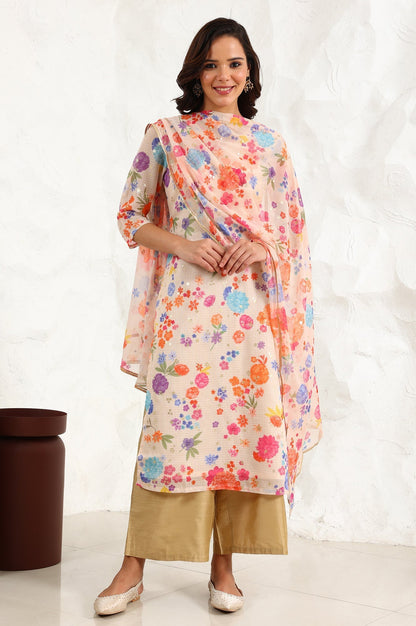 W for Woman Off-White Digital Foil Floral Printed Chiffon Dupatta