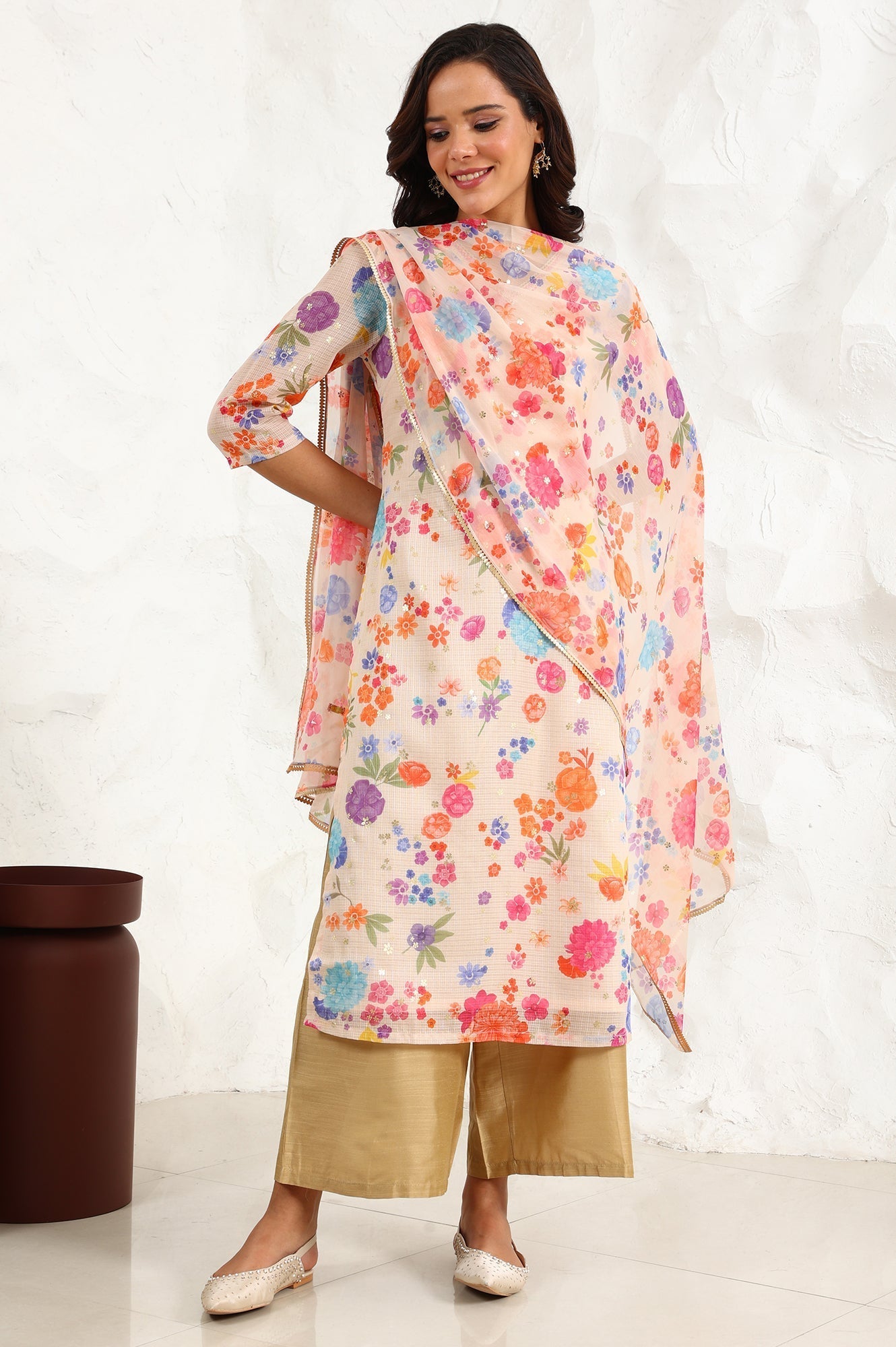 W for Woman Off-White Digital Foil Floral Printed Chiffon Dupatta