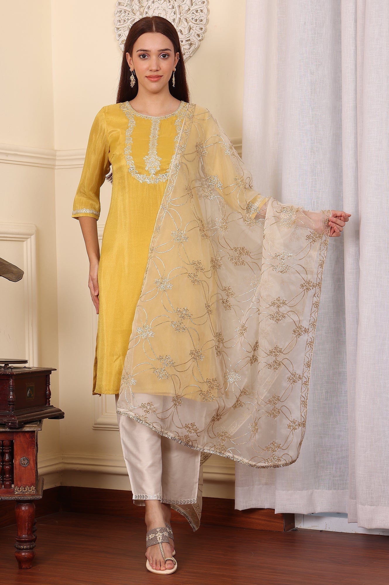 W for Woman White Gota Embroidered Organza Dupatta