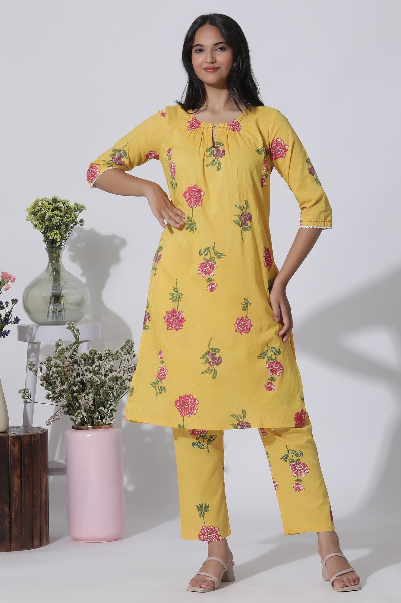 W for Woman Buttercup Yellow Floral Printed A-Line Cotton Kurta And Pants Co-Ord Set