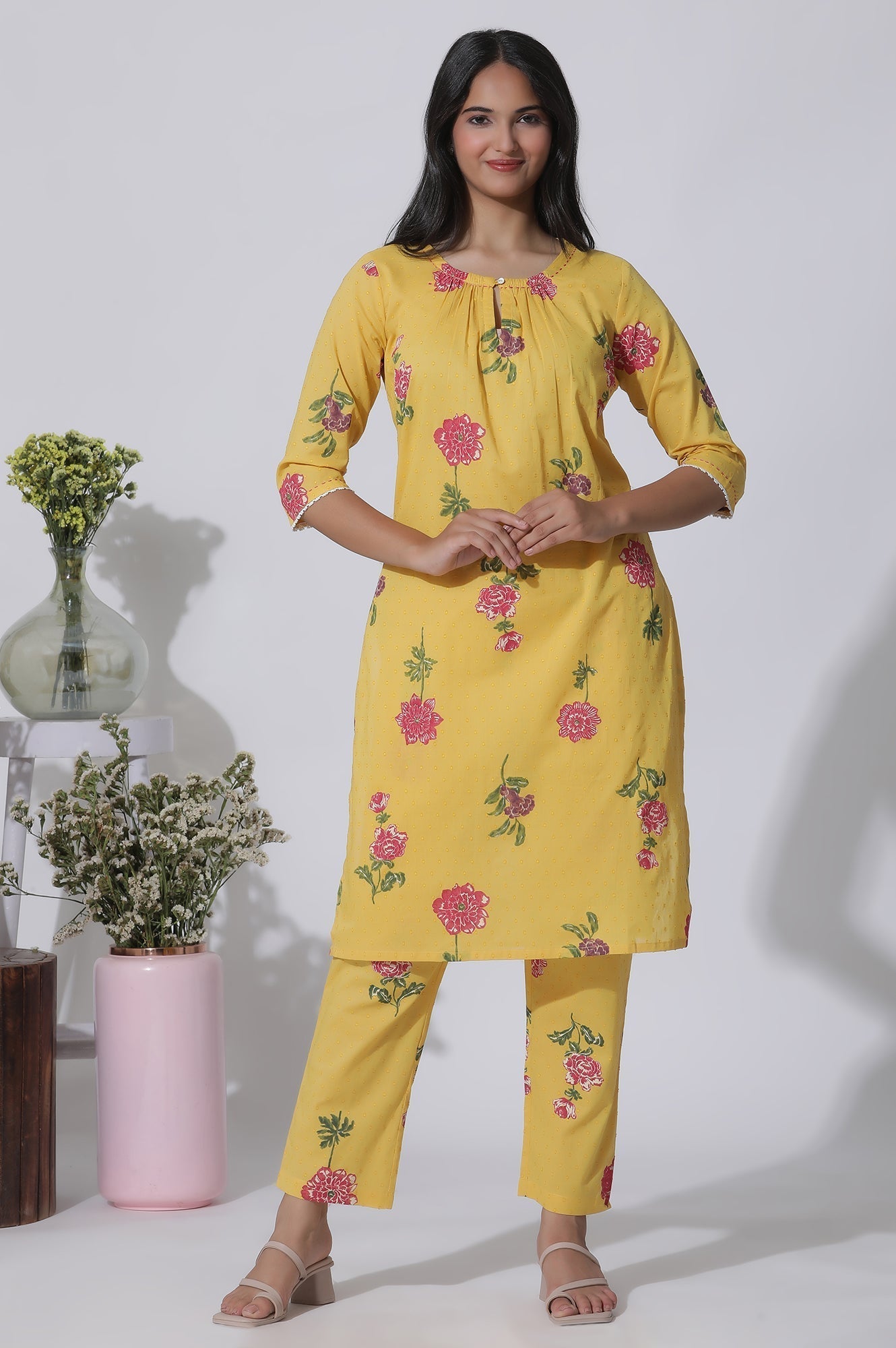 W for Woman Buttercup Yellow Floral Printed A-Line Cotton Kurta And Pants Co-Ord Set