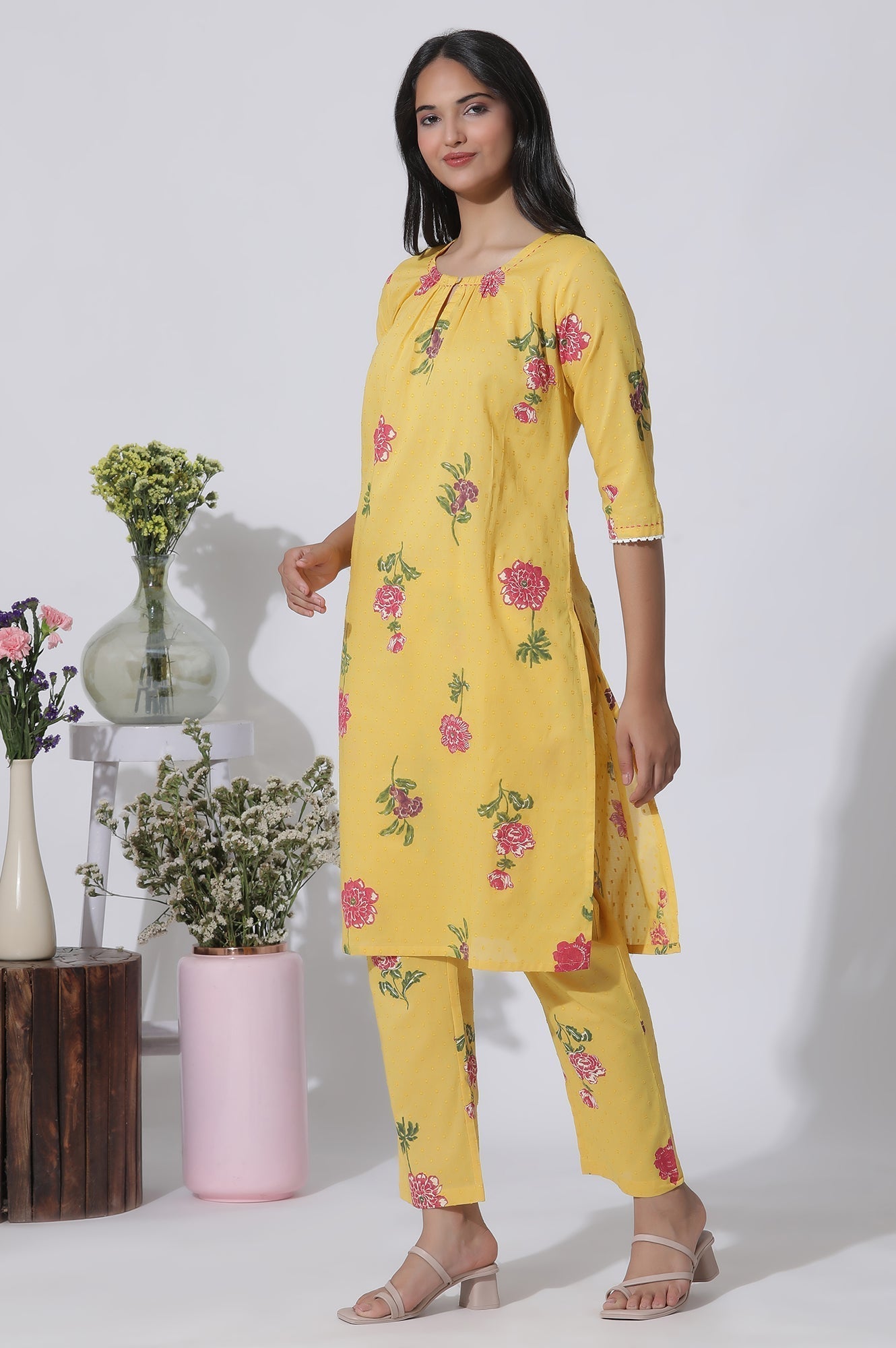 W for Woman Buttercup Yellow Floral Printed A-Line Cotton Kurta And Pants Co-Ord Set