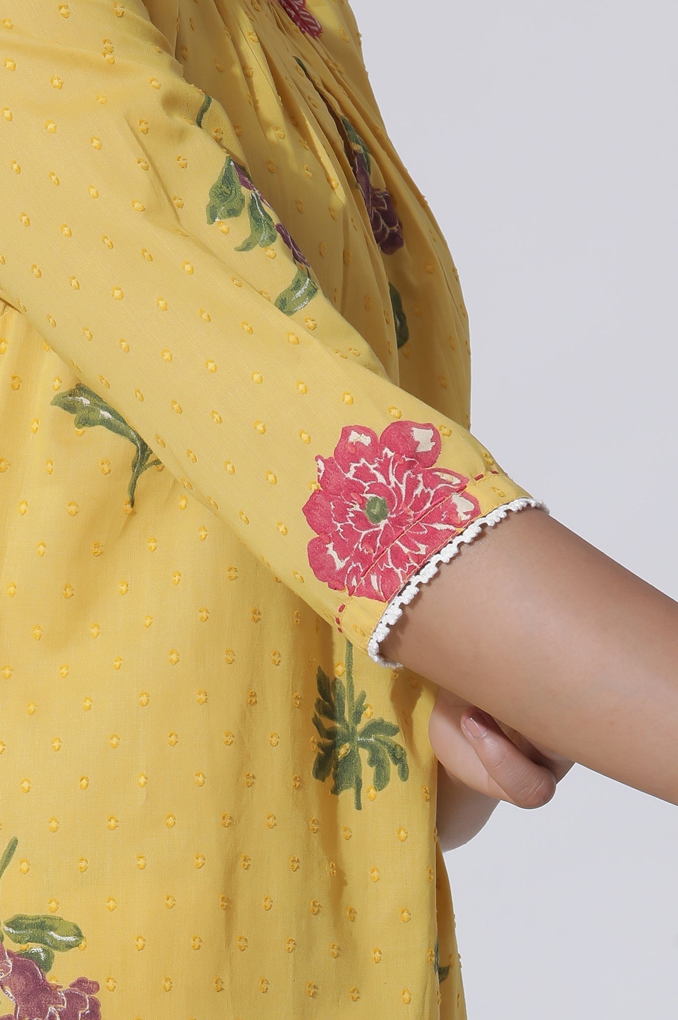 W for Woman Buttercup Yellow Floral Printed A-Line Cotton Kurta And Pants Co-Ord Set