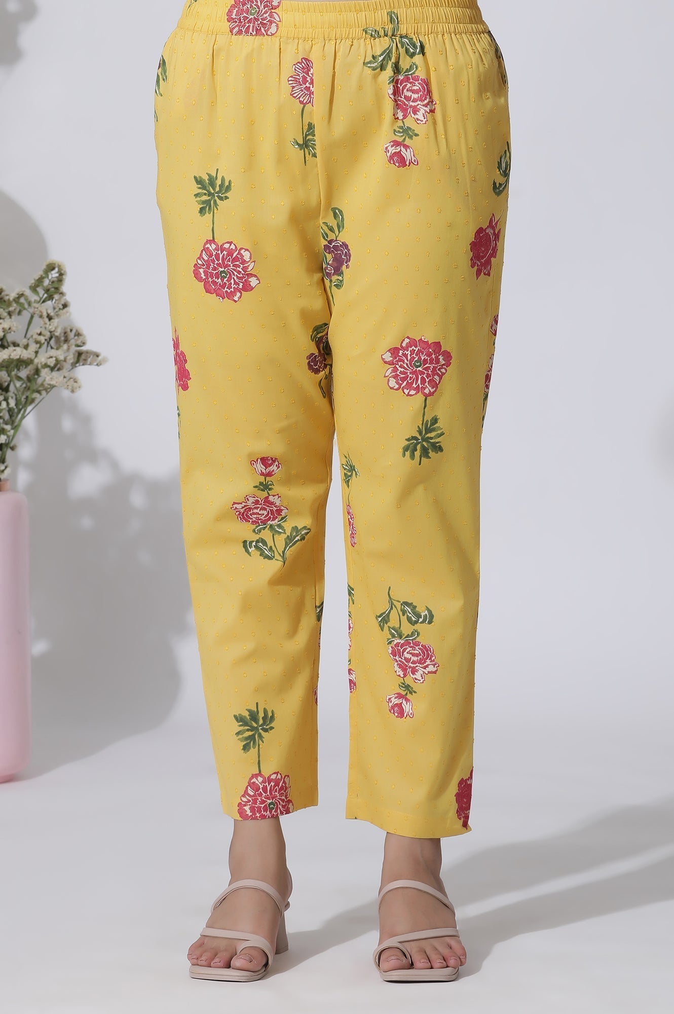 W for Woman Buttercup Yellow Floral Printed A-Line Cotton Kurta And Pants Co-Ord Set
