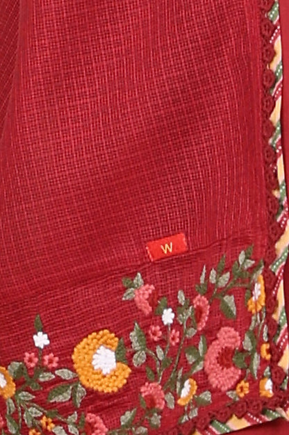 W for Woman Maroon Floral Thread Embroidered Pure Cotton Sleeveless Kurta, Pants and Dupatta Set