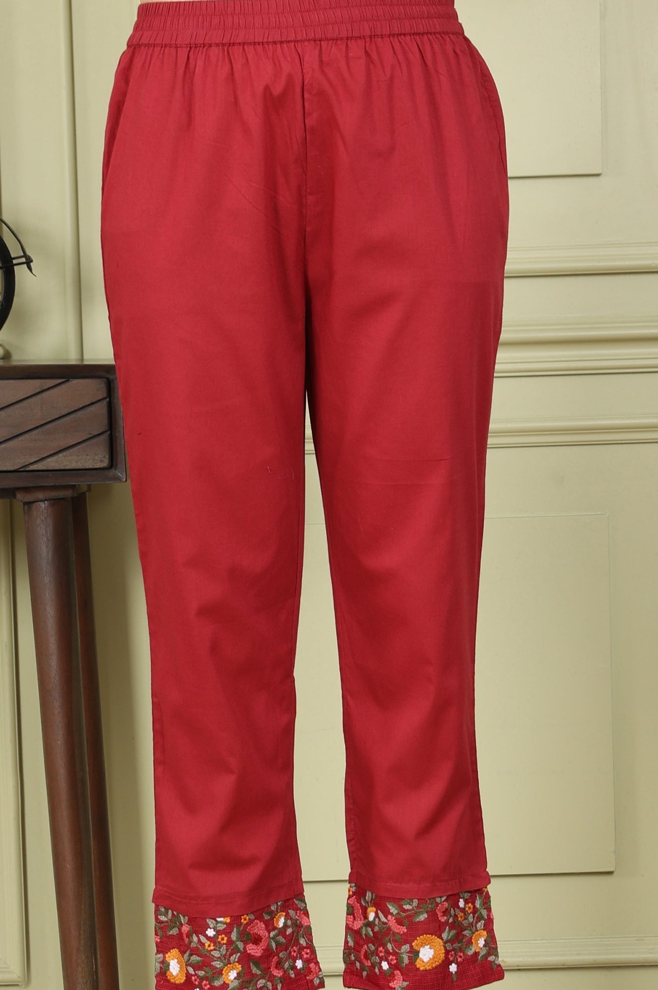 W for Woman Maroon Floral Thread Embroidered Pure Cotton Sleeveless Kurta, Pants and Dupatta Set