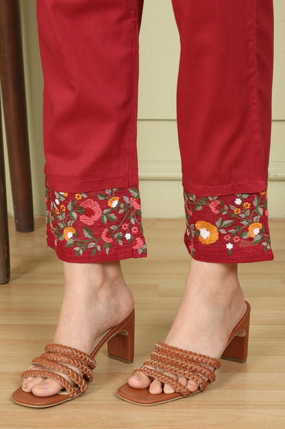 W for Woman Maroon Floral Thread Embroidered Pure Cotton Sleeveless Kurta, Pants and Dupatta Set