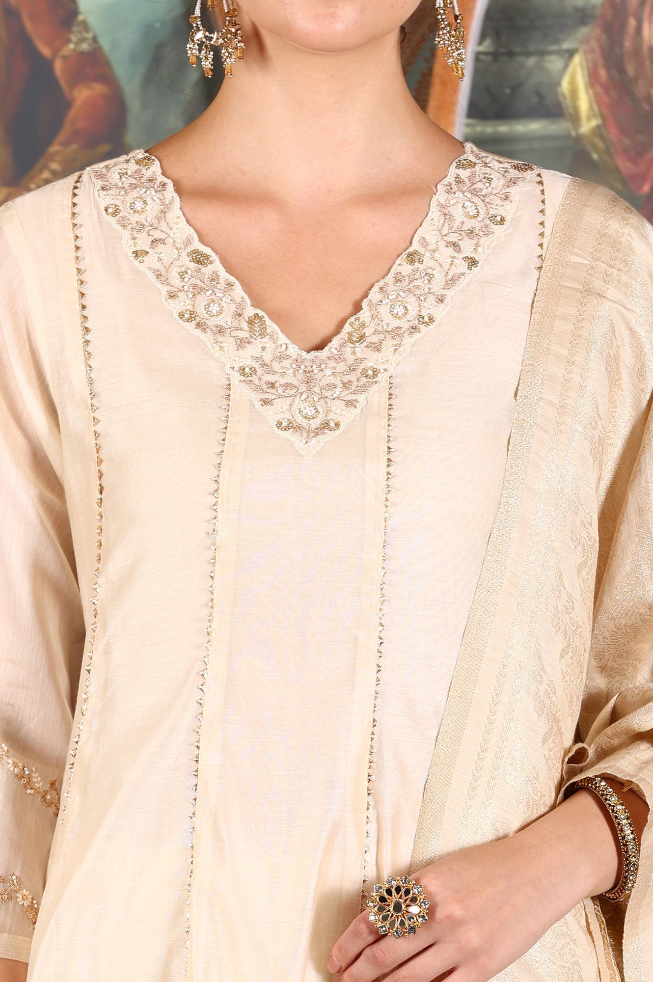 W for Woman Beige Embroidered Flared Chanderi Kurta, Pants And Dupatta Set