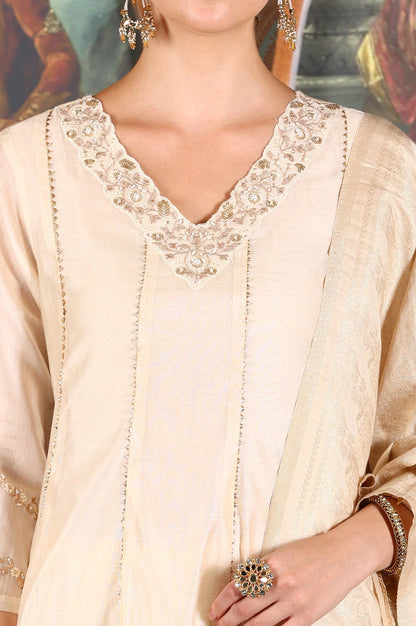 W for Woman Beige Embroidered Flared Chanderi Kurta, Pants And Dupatta Set