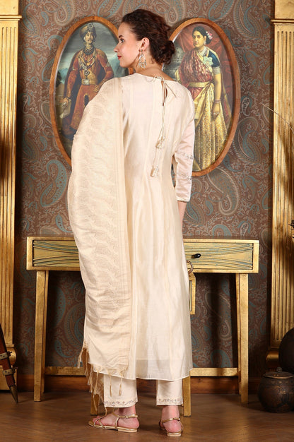W for Woman Beige Embroidered Flared Chanderi Kurta, Pants And Dupatta Set