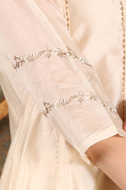 W for Woman Beige Embroidered Flared Chanderi Kurta, Pants And Dupatta Set