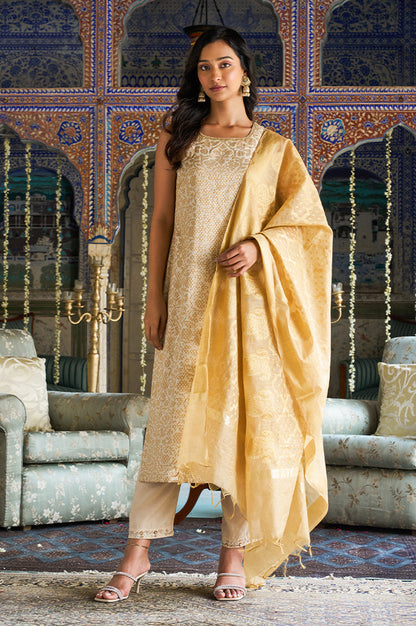 W for Woman Beige Jacquard Sleeveless Embellished Kurta, Pants And Dupatta Set