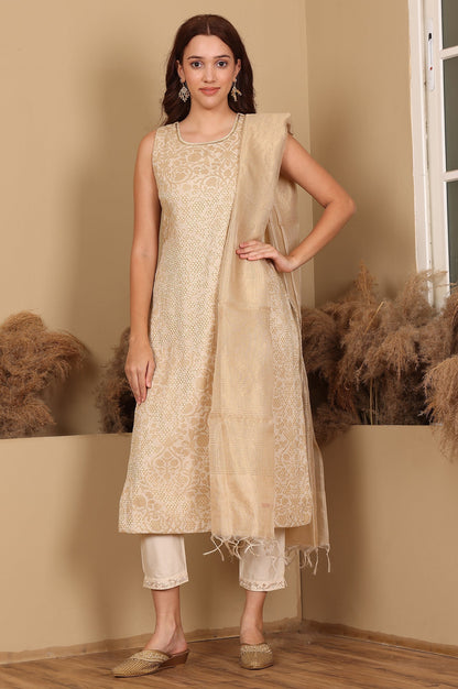 W for Woman Beige Jacquard Sleeveless Embellished Kurta, Pants And Dupatta Set
