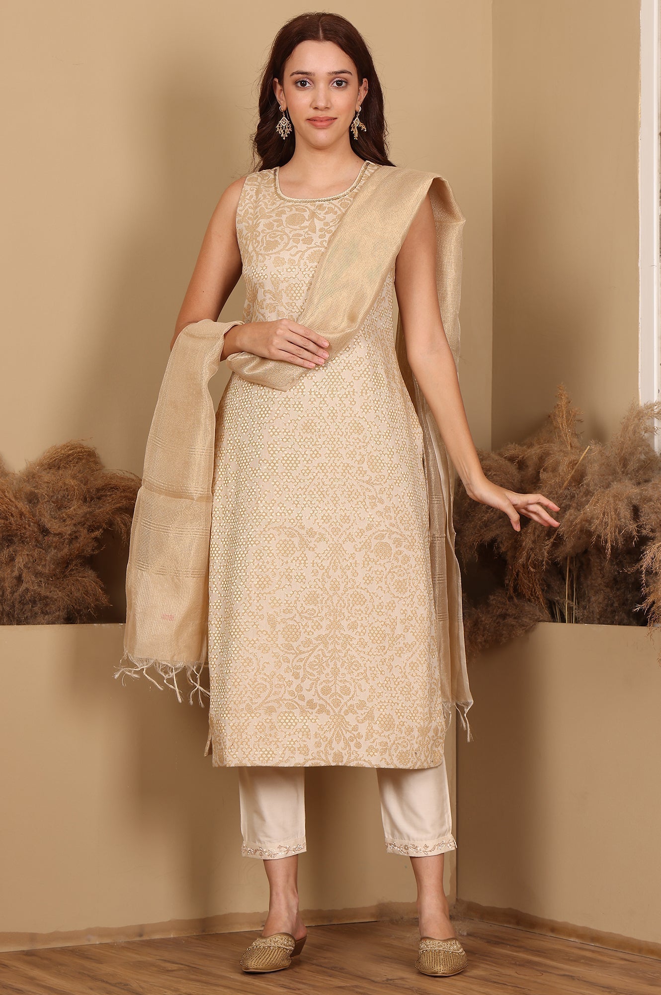 W for Woman Beige Jacquard Sleeveless Embellished Kurta, Pants And Dupatta Set