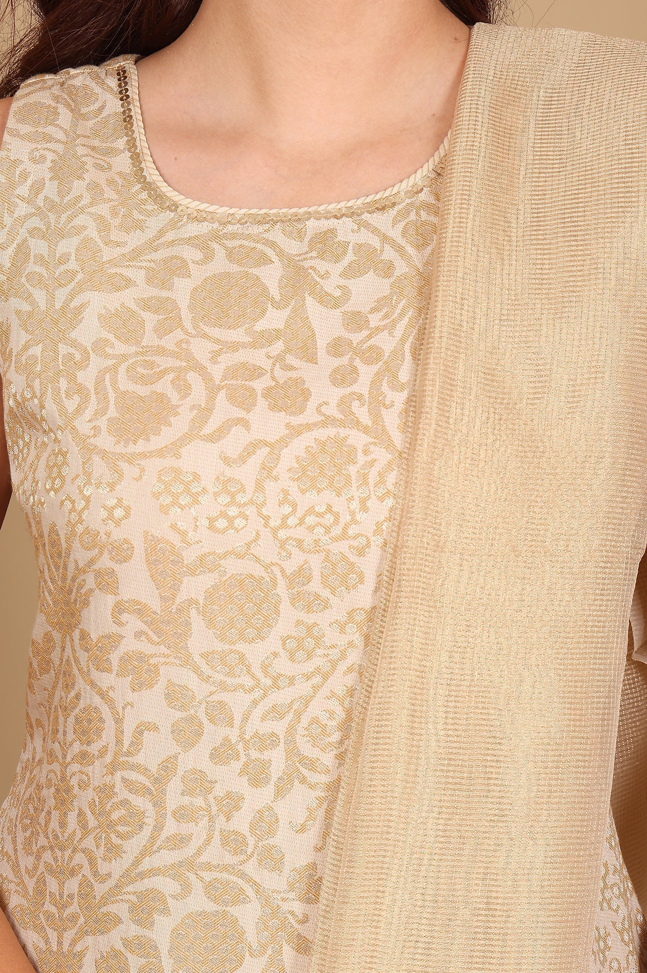W for Woman Beige Jacquard Sleeveless Embellished Kurta, Pants And Dupatta Set
