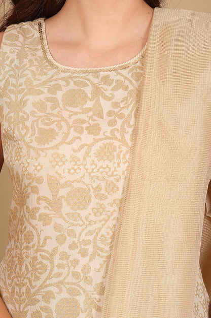 W for Woman Beige Jacquard Sleeveless Embellished Kurta, Pants And Dupatta Set