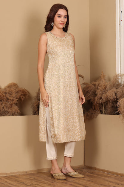 W for Woman Beige Jacquard Sleeveless Embellished Kurta, Pants And Dupatta Set
