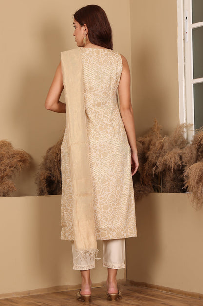 W for Woman Beige Jacquard Sleeveless Embellished Kurta, Pants And Dupatta Set