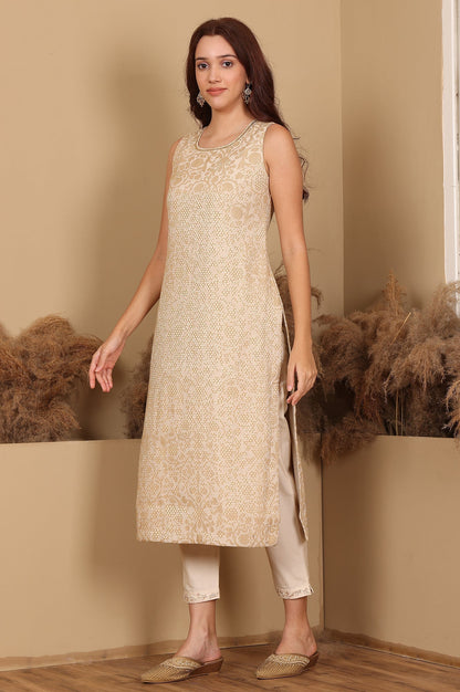 W for Woman Beige Jacquard Sleeveless Embellished Kurta, Pants And Dupatta Set