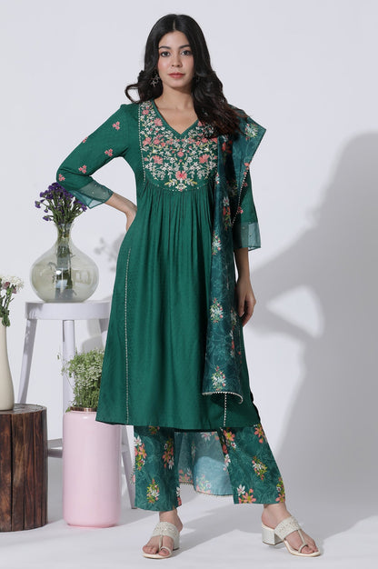 W for Woman Emerald Green Panelled Embroidered Kurta, Pants And Printed Chanderi Dupatta