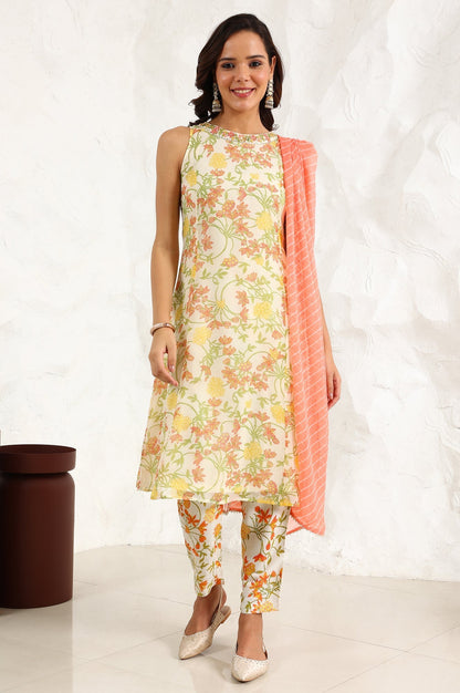 W for Woman White Floral Printed Thread Embroidered Neck Chiffon A-Line Kurta, Straight Pants And Dupatta Set