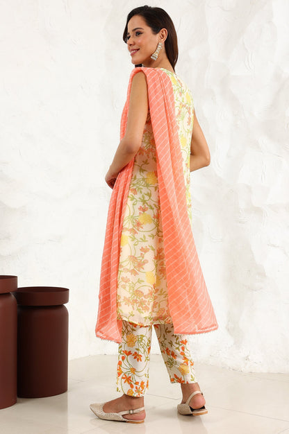 W for Woman White Floral Printed Thread Embroidered Neck Chiffon A-Line Kurta, Straight Pants And Dupatta Set