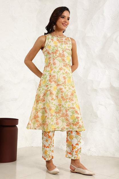 W for Woman White Floral Printed Thread Embroidered Neck Chiffon A-Line Kurta, Straight Pants And Dupatta Set