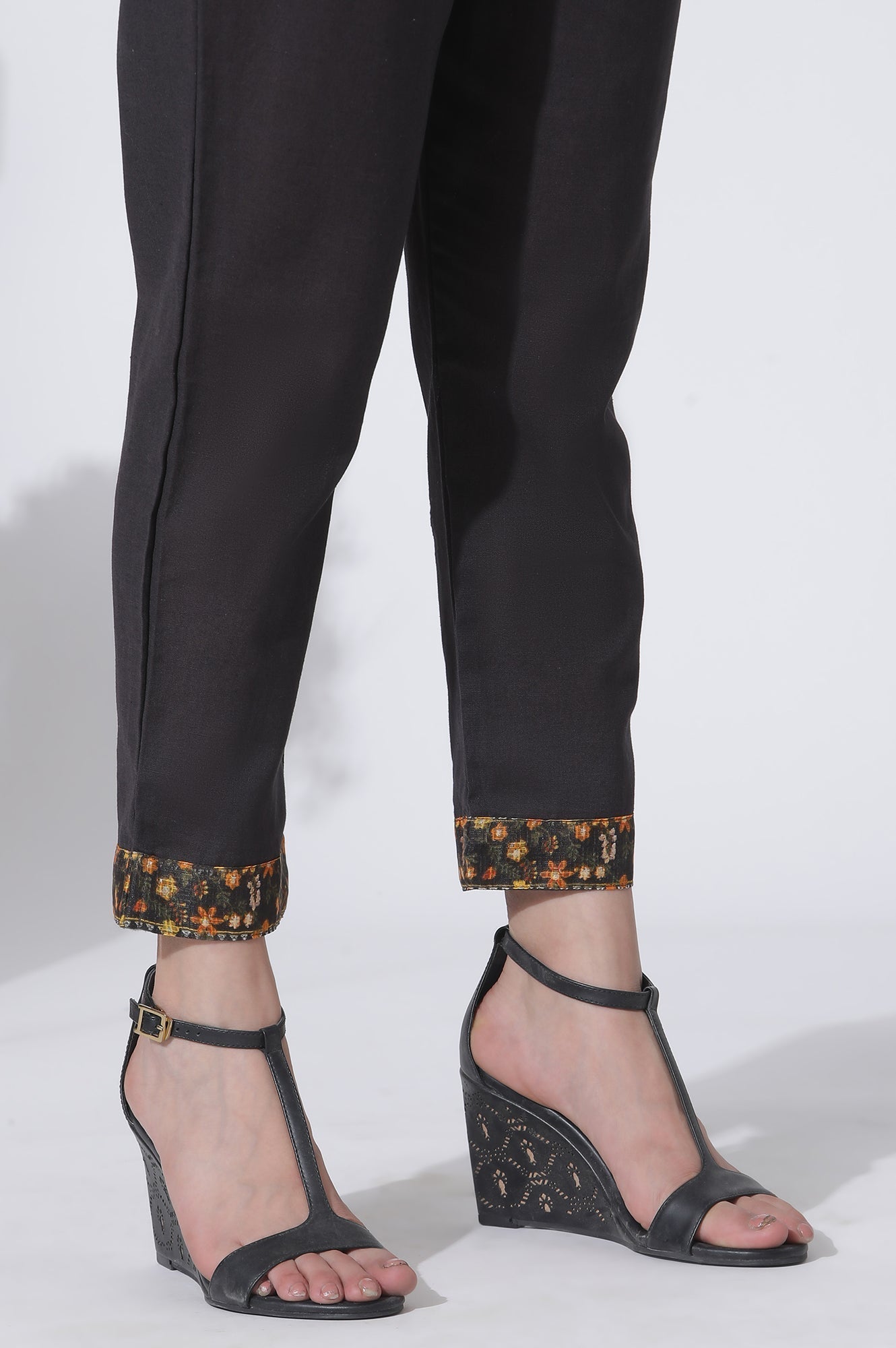 W for Woman Black Floral Printed Flared Kota Kurta, Pants And Dupatta Set