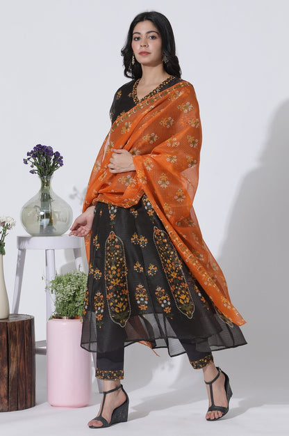 W for Woman Black Floral Printed Flared Kota Kurta, Pants And Dupatta Set