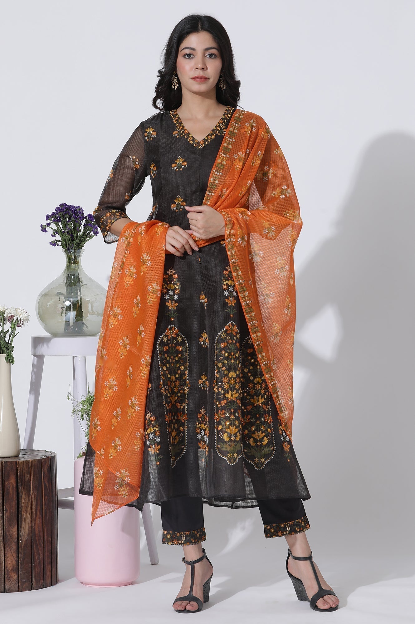W for Woman Black Floral Printed Flared Kota Kurta, Pants And Dupatta Set