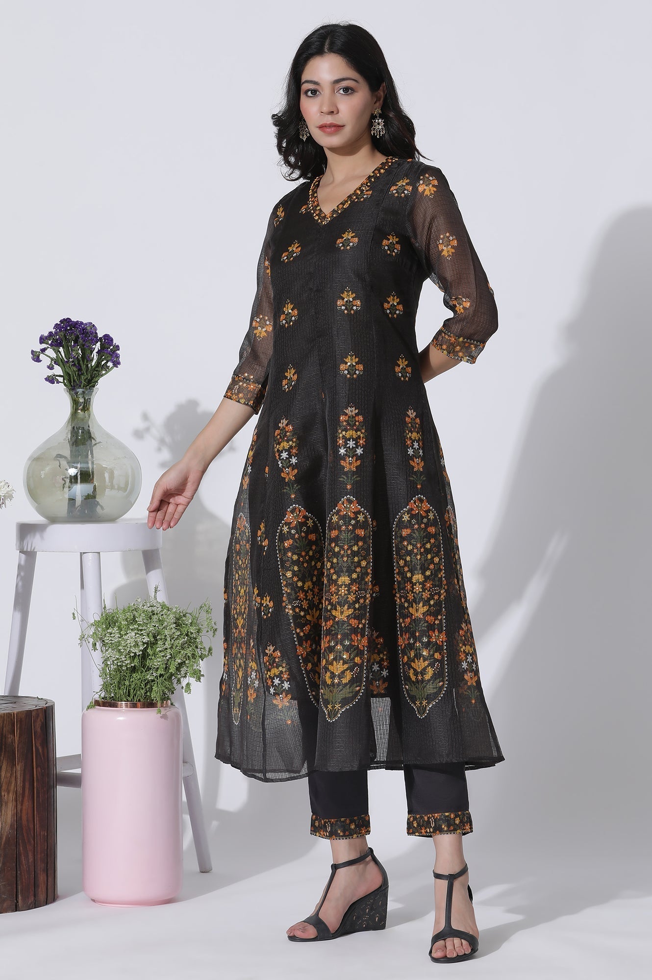 W for Woman Black Floral Printed Flared Kota Kurta, Pants And Dupatta Set