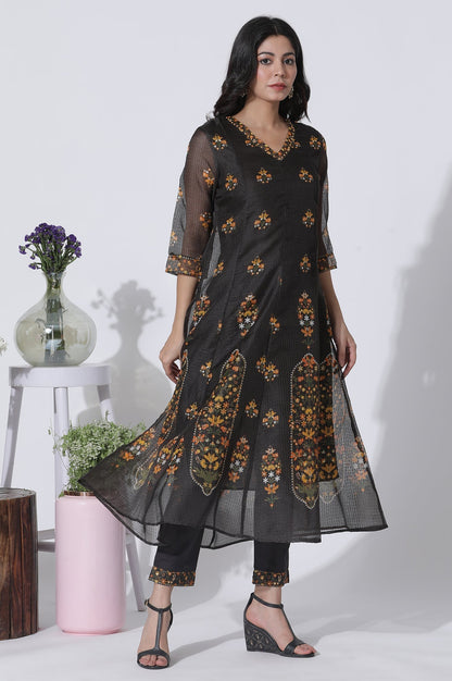 W for Woman Black Floral Printed Flared Kota Kurta, Pants And Dupatta Set