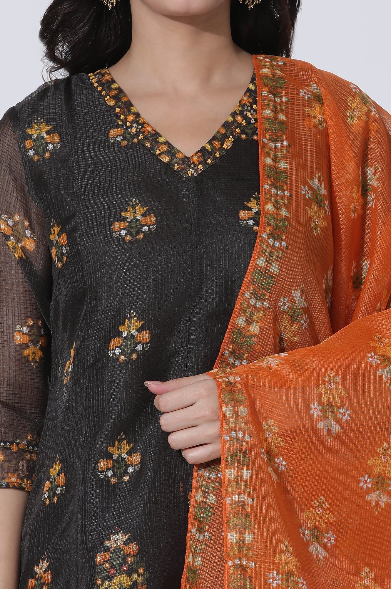 W for Woman Black Floral Printed Flared Kota Kurta, Pants And Dupatta Set