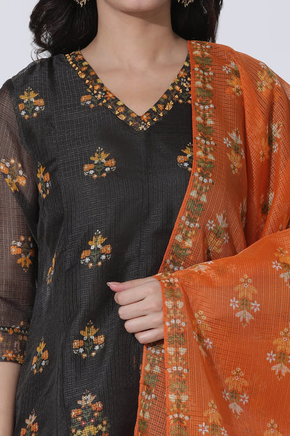 W for Woman Black Floral Printed Flared Kota Kurta, Pants And Dupatta Set