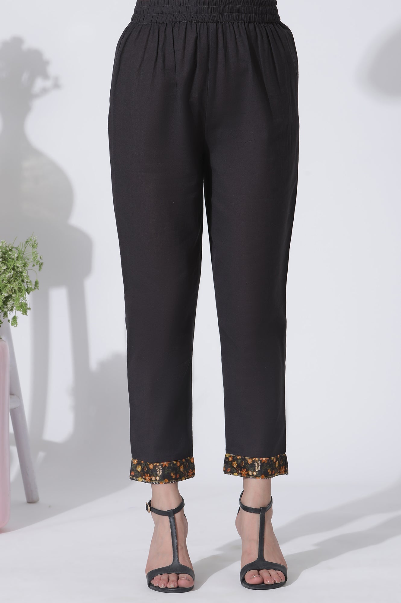 W for Woman Black Floral Printed Flared Kota Kurta, Pants And Dupatta Set