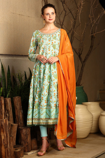 W for Woman Blue Floral Printed Embellished Panelled Chanderi Kurta, Tights And Dupatta Set