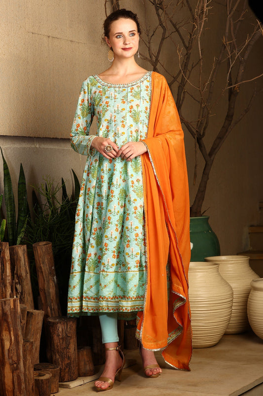 W for Woman Blue Floral Printed Embellished Panelled Chanderi Kurta, Tights And Dupatta Set