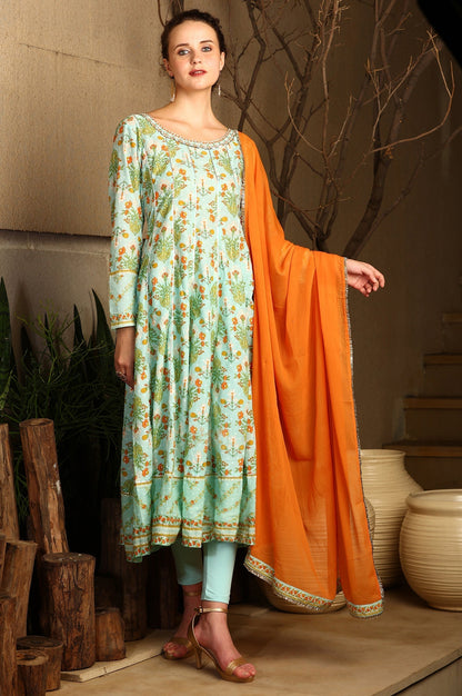 W for Woman Blue Floral Printed Embellished Panelled Chanderi Kurta, Tights And Dupatta Set