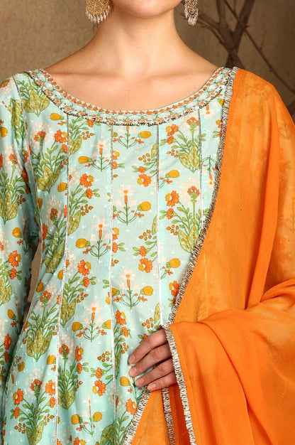 W for Woman Blue Floral Printed Embellished Panelled Chanderi Kurta, Tights And Dupatta Set