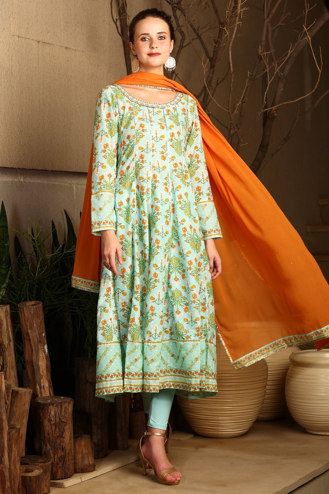 W for Woman Blue Floral Printed Embellished Panelled Chanderi Kurta, Tights And Dupatta Set